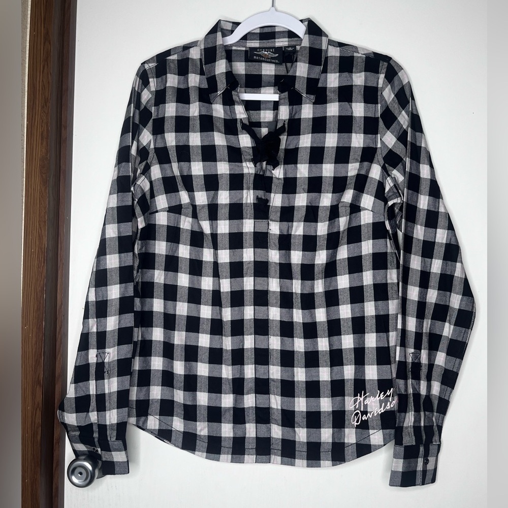 NEW! Harley Davidson Womens Black White Buffalo Plaid Lace Up Flannel Shirt